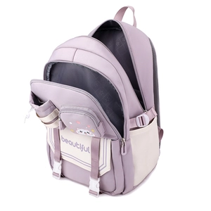 Purple and beige student backpack with cute cat design and large internal capacity