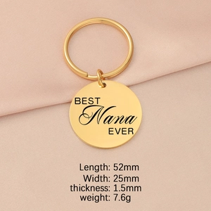 Detailed view of golden stainless steel keychain with BEST NANA EVER engraving and size specs