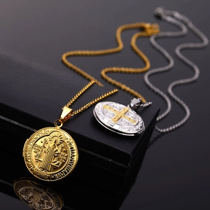 Saint Benedict religious medal pendants in gold and silver finish with stainless steel chains