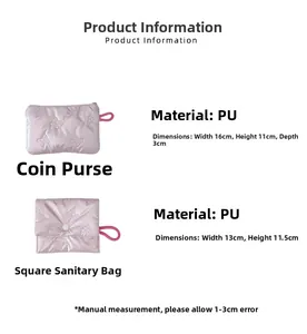 Pink PU leather bow embossed pouch set showing precise 16x11x3cm and 13x11.5cm dimensions