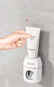 Detail showing wall-mounted automatic toothpaste dispenser with rose gold accents