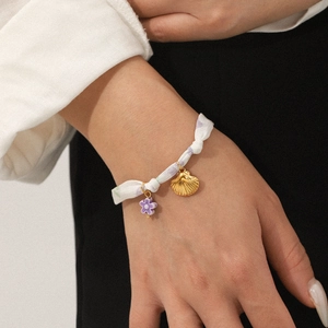 Scarf Bracelet With Stainless Steel Shell Pendant Purple Flower Ocean Style Summer Bohemia Jewelry For Women
