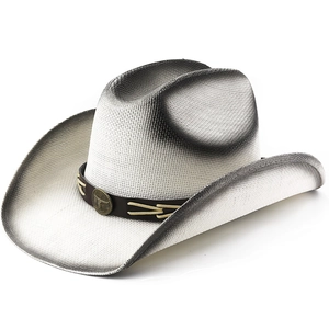 Détail d'un chapeau de paille western avec emblème en métal de tête de taureau