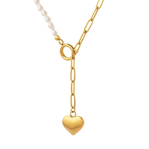 Elegant gold necklace with natural freshwater pearls and heart pendant on white background