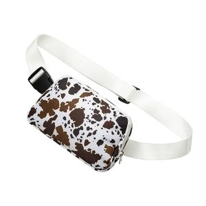 Detailed view of lightweight leopard print fanny pack with white strap and silver zipper