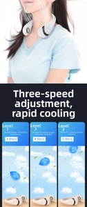 Neck fan detail showing three adjustable wind speed levels from 3.9m/s to 5.9m/s