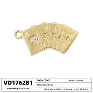Detailed view of gold brass poker card pendant with white zircon inlays and measurements