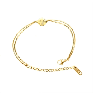 18k gold plated double layer snake chain bracelet with Chinese Xi round charm