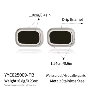 Detailed size chart for rectangular stainless steel cufflinks in black drip enamel