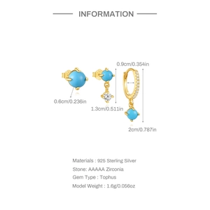 Detail view of 925 sterling silver turquoise earring set with size guide information