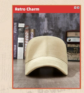 Detail view of khaki cotton baseball cap against a vintage retro background setting