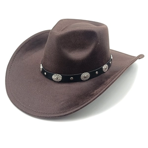 Detail of dark brown western cowboy hat with leather band and metal floral studs