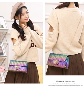 Detail showing the woven texture and rainbow gradient finish of the chain crossbody bag
