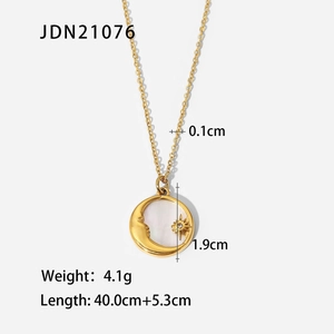 Detail view of 18K gold stainless steel necklace with sun moon pendant and dimensions