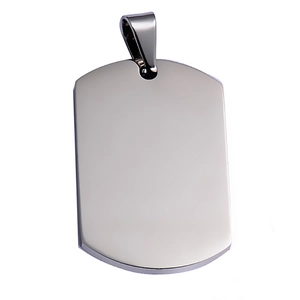 Detailed view of a blank rectangular stainless steel dog tag pendant in polished silver finish