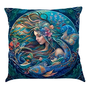 Detail of square cotton linen pillowcase featuring a creative ocean mermaid illustration