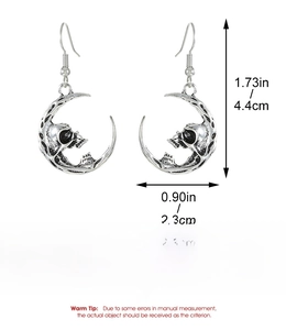 Gothic skull moon earrings size display showing 1.73in height and 0.90in width