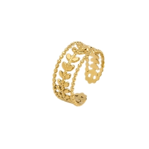 Vintage hollow leaf titanium steel ring with 18K gold plating and bead edge design
