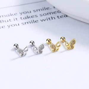 S925 sterling silver butterfly stud earrings with zircon inlay in gold and silver