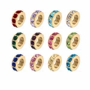 Stainless Steel Rhinestone Large Hole Spacer Beads Gold Plated DIY Jewelry Finding Birthstone Pendant For Necklace Making