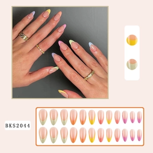 Detail of BKS2044 almond French gradient press-on nails with colorful tips and full set view