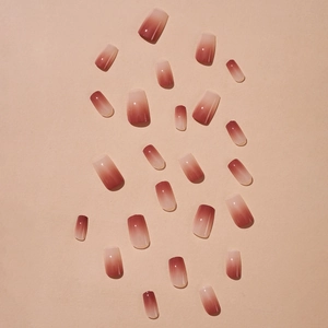 Set of 24 square press-on nails with sweet blush pink to reddish brown ombre gradient finish