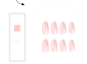 Macro detail of almond-shaped pink press-on nails with classic white French tips