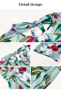 Dettagli del design: abito floreale verde in chiffon con fiocco al collo e vita pieghettata