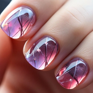 Faux Ongles Press On Dégradé Rose Violet Courts Carrés Lignes Géométriques Esthétique Manucure Pour Femmes
