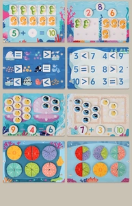 Educational quiet book pages showing math learning activities with numbers and animals