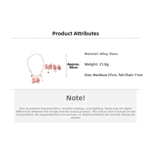 Pink bow jewelry set featuring pearl necklace and earrings with detailed size dimensions