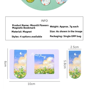 Detailed view showing dimensions of oil painting floral magnetic bookmarks with card packaging