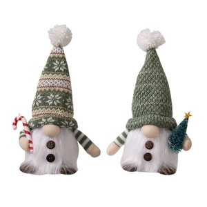 Pair of plush Christmas gnomes with knit hats, candy cane and mini tree decorations