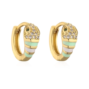 18K gold plated snake hoop earrings with green enamel and zircon stones on white background