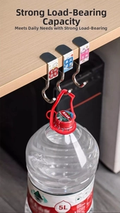 Detail of adjustable metal desk hook holding a 5L water bottle to show load capacity
