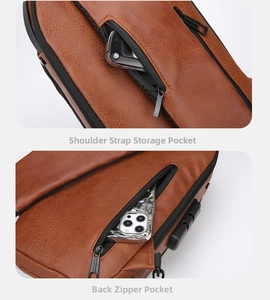 Detail showing shoulder strap pocket and rear anti-theft zipper on brown sling bag