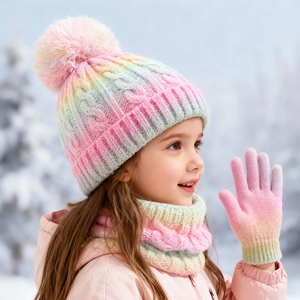 Regenbogen-Strickset mit Zopfmuster, Beanie, Schal und Handschuhen für den Winter