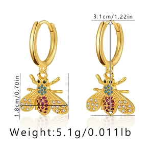 Detailed size view of gold bee hoop earrings with crystals and turquoise stones