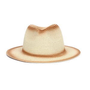Close-up of hand-woven straw Fedora hat with cross-weave texture and caramel gradient finish