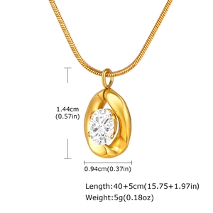Detailed view of gold oval pendant with white zirconia including 40+5cm chain size info
