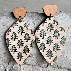 Bohemian wood drop earrings with green Christmas tree pattern on natural teardrop wood