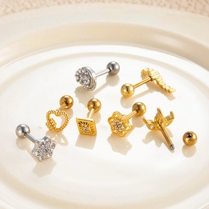 7Pcs set of gold and silver flower heart zircon cartilage studs in stainless steel