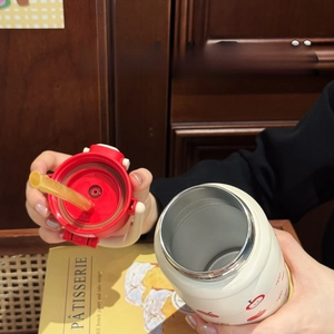 Detail of 360-degree leak-proof lid and straw on cute stainless steel apple thermos