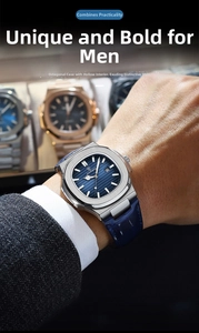 Close-up of slim men's watch featuring a blue textured dial and octagonal steel case