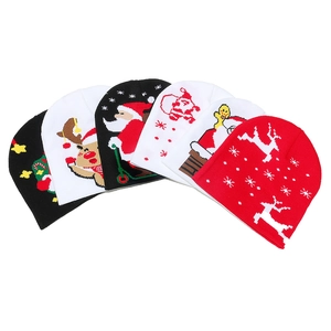 Set of six festive Christmas knit beanies featuring reindeer and Santa Claus patterns