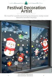 Detailed view of Christmas window stickers featuring Santa, snowmen, and gnomes on glass