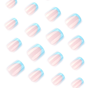 Klassische französische kurze quadratische Kunstnägel mit blauen Spitzen auf Rosa