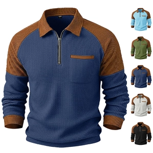 Men Polo Shirt Waffle Knit Quarter Zipper Patchwork Long Sleeve Casual Urban Fashion Spring Stylish Top For Men