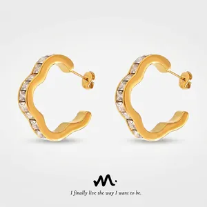 INS Style Stainless Steel Gold Plated Geometric Wave Flower Stud Earrings With Rhinestone For Women Temperament Fashion Jewelry