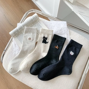 Set of four cotton-blend mid-calf socks featuring cat embroidery and polka dot patterns